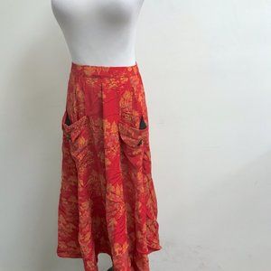 Janice McCarty red gold floral rayon midi skirt Vintage designer S boho